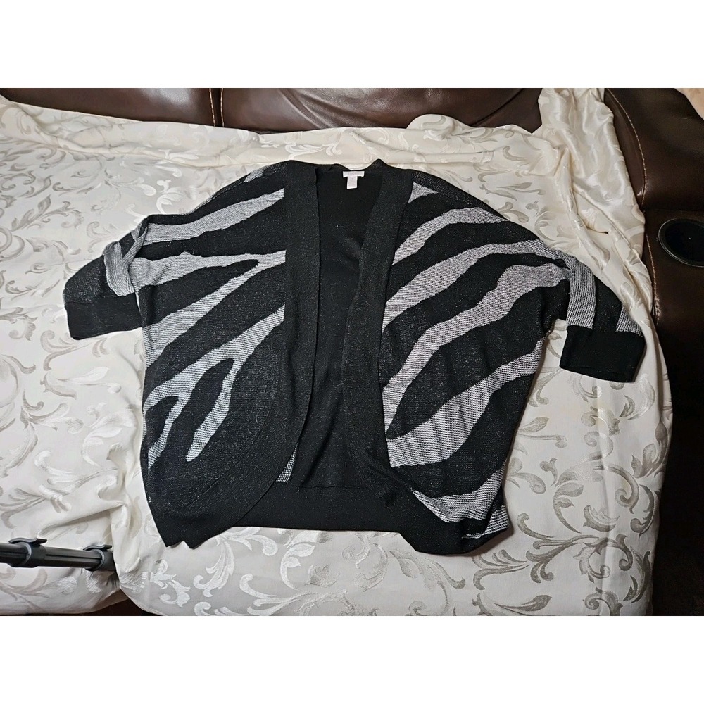 Chico's Cardigan Sweater Black Metallic Silver Knit Oversized Short Sleeve L/XL